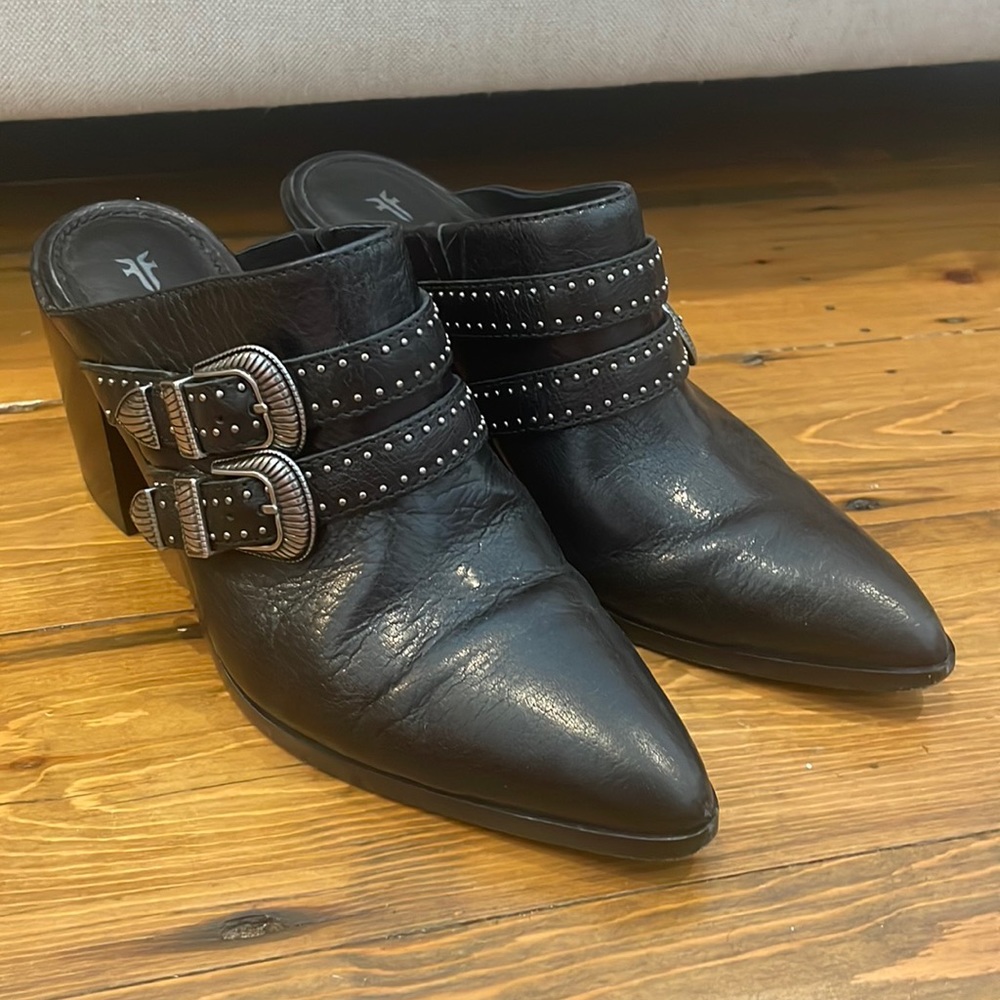 Frye Flynn Mules- Black Leather, Size 8